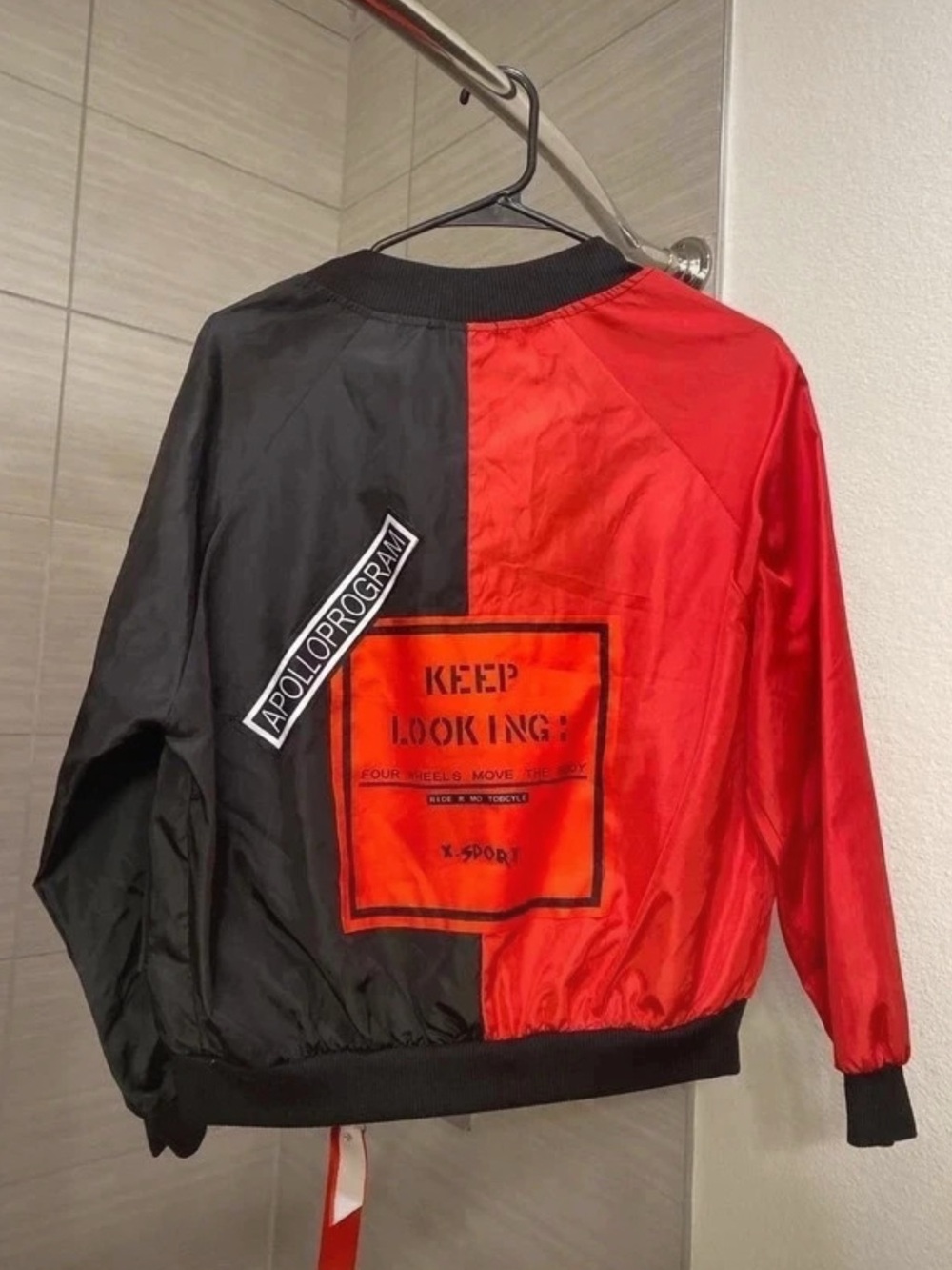 YesStyle Black & Red Graphic Two-Tone Bomber Jacket